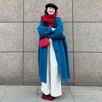 蓝色双面羊绒大衣女长款2025秋冬韩系高级感保暖牦牛绒毛呢外套女