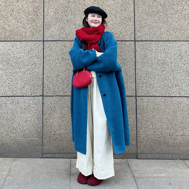 蓝色双面羊绒大衣女长款2025秋冬韩系高级感保暖牦牛绒毛呢外套女