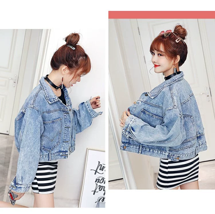 Mùa thu retro hương vị sang trọng phiên bản Hàn Quốc của túi sau áo khoác mỏng tay ngắn denim áo khoác nữ