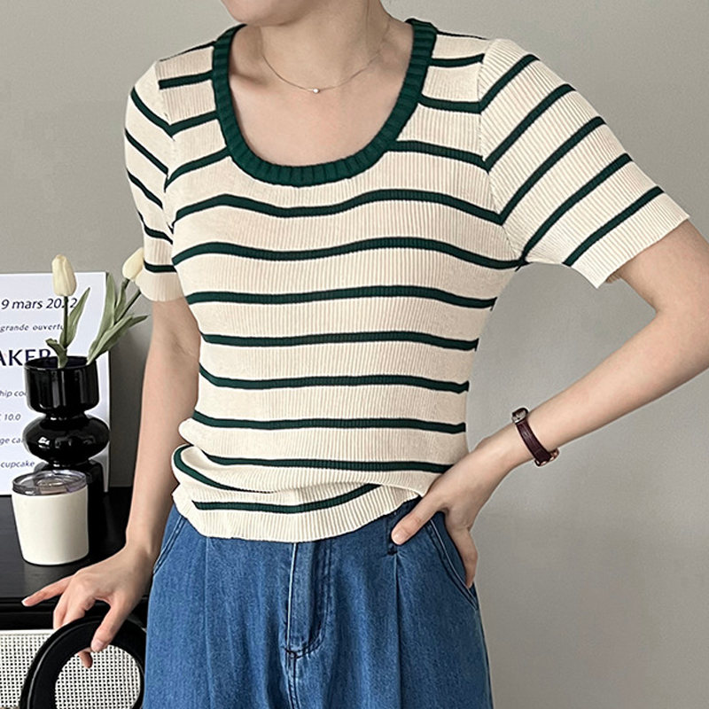 Japanese ice silk U-neck slim slim striped simple wild knitted T-shirt women's design fashion short-sleeved top