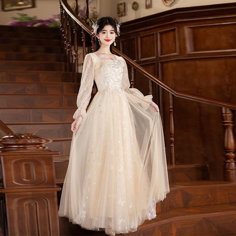 Evening Dress for Women, High-End Champagne Color, Coming-Of-Age Ceremony, Light Luxury, Niche, High-End Annual Meeting Banquet, Elegant, Winter Long-Sleeved