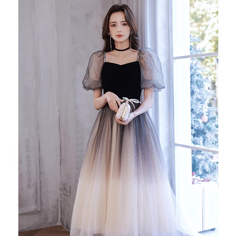Super Fairy-Like Little Dress for Women, Autumn Student Art Exam, Coming-Of-Age Ceremony, Black Gradient French Mid-Length Style, Elegant Graduation Season