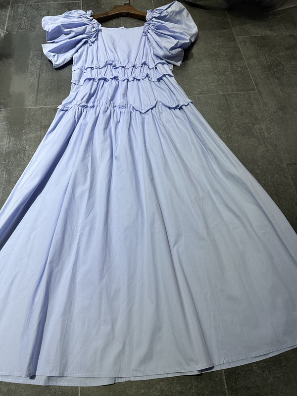 Sky Blue Bubble Short-Sleeved Waist-Cinching Slim Mid-Length Dress