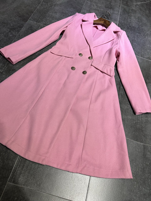 粉色秋冬双排扣修身长款毛呢外套大衣
