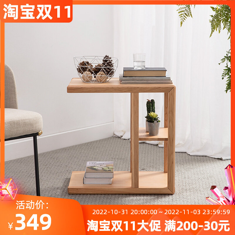 Nordic all solid wood sofa corner table living room log color small coffee table double-layer wheeled movable multi-functional tea table