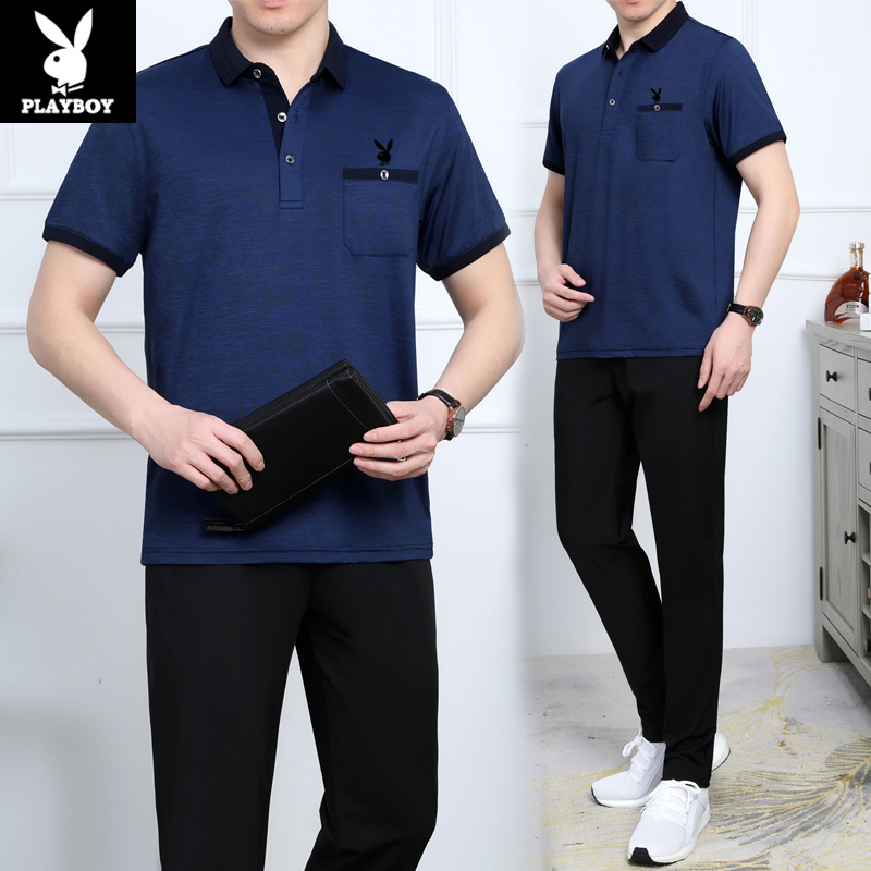Playboy summer new middle-aged and elderly sports suit male middle-aged father breathable ice silk father short-sleeved summer dress