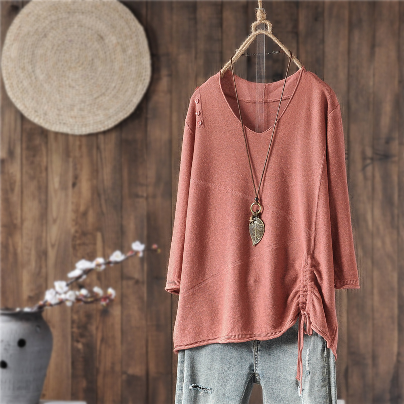 Literary cotton and linen drawstring knitted mid-sleeve T-shirt women's summer bottoming shirt loose and thin V-neck solid color top clothes thin section