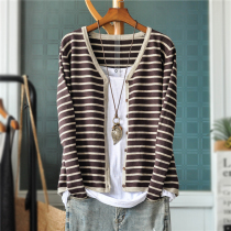 Early autumn new literary and artistic Joker striped knitted cardigan womens thin long sleeve outer sweater small coat cotton top