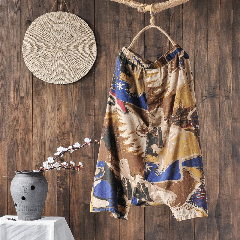 Spring and summer retro national wind a character printed lantern long dress cotton linen half body dress female medium long version large size linen dress linen