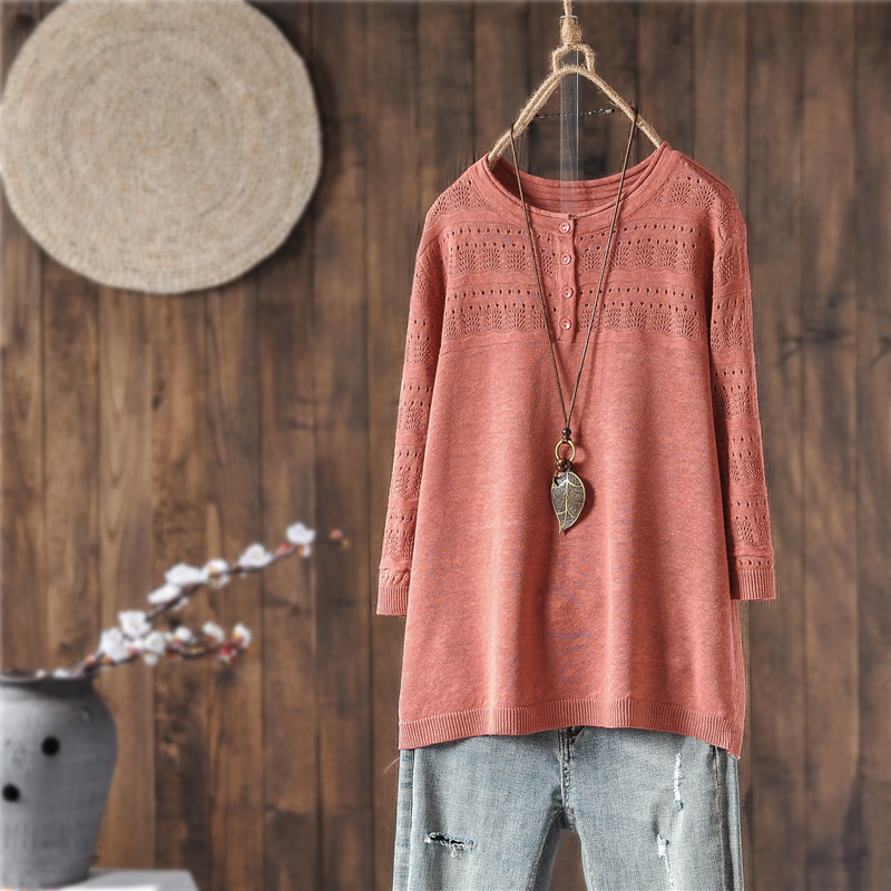 Spring clothing Art and art retro sleeve head loose hollowed-out needle cardiovert T-shirt woman round collar 50% mid-sleeve blouse slapped bottom thin