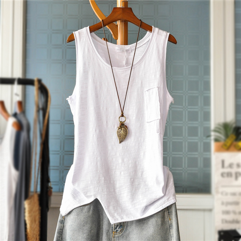 Literary pure slub cotton vest women's summer outer wear loose large size suspenders mid-length bottoming shirt sleeveless T-shirt top