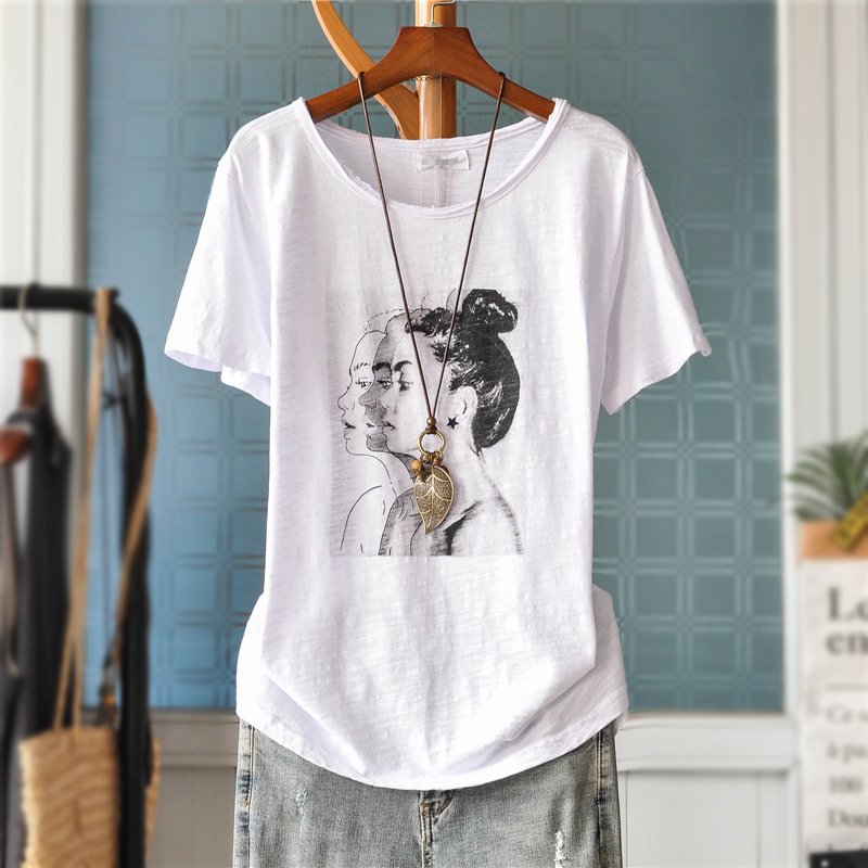 Korean version loose and thin girl printed pure slub cotton short-sleeved t-shirt women's summer large size all-match bottoming shirt top