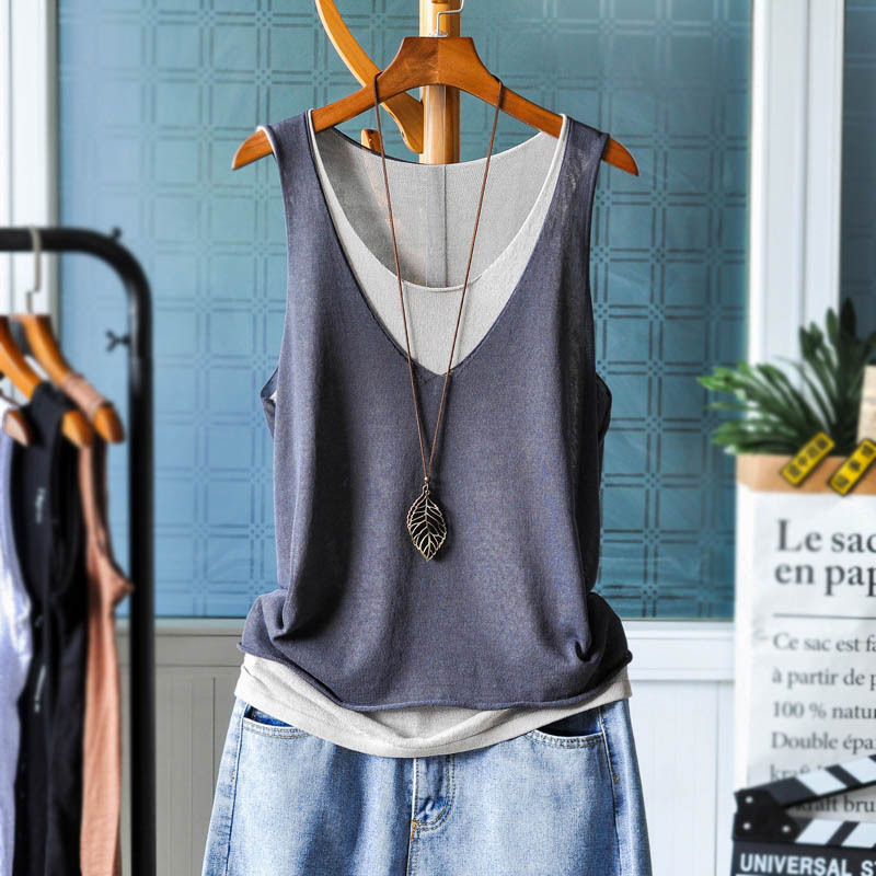 Fake two-piece cotton and linen sleeveless T-shirt bottoming knitted sweater vest female summer loose large size pregnant women linen sling wear