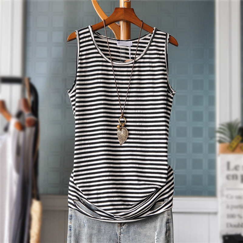 Sleeveless 100 hitch Long version Broken Hole Bamboo Festival Cotton Striped Vest Woman Summer Outside Wearing Loose size with a large size for a bottom shirt t