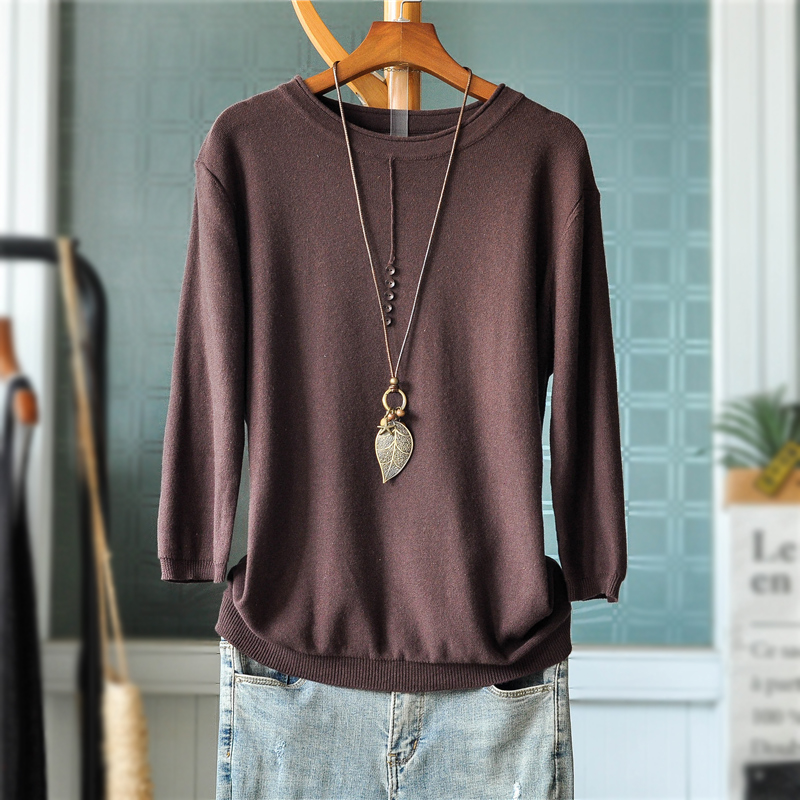 Early autumn cotton linen loose with slim middle sleeve button Needle Cardiovert Clothing Casual 100 Lap Collar Inner Hitch Sweater Women's Blouse