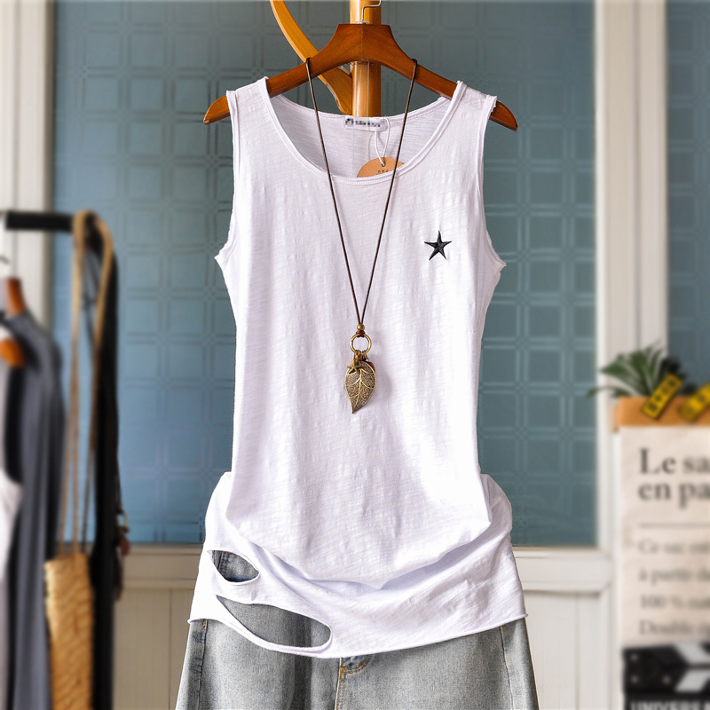 Slub cotton long version sweater base vest women wear stars embroidery holes loose sleeveless T-shirt autumn and winter