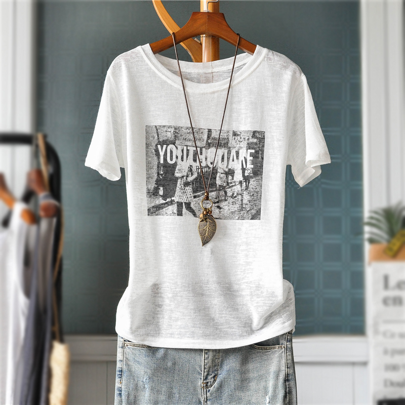 Korean version loose with thin ice silk Alphabet Printed Short Sleeve T-shirt Woman Summer Halfsleeve Beat 100 lap blouse thin