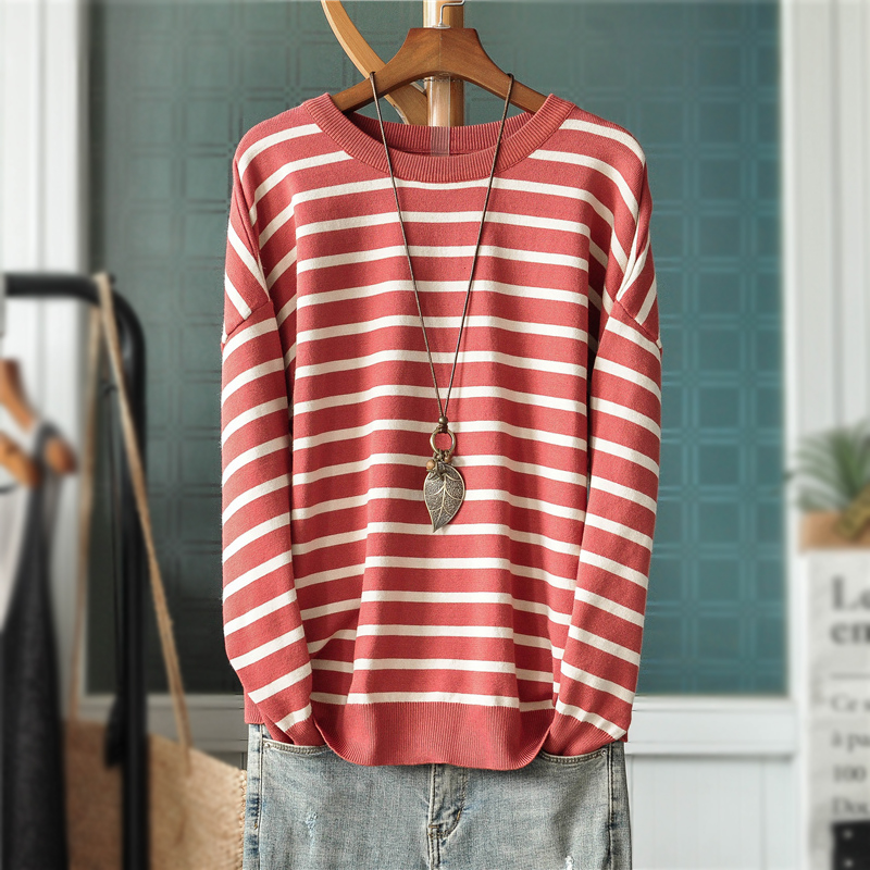 Fall New products Korean version loose Thin Round Collar Striped Long Sleeves Hooded Sweatshirt T-shirt T-shirt Woman 100 hitch bottom blouse