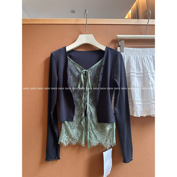 J2 korean style hot girl style lace fake two-piece long-sleeved sweater women's slim slim pure wish lace-up fashionable top