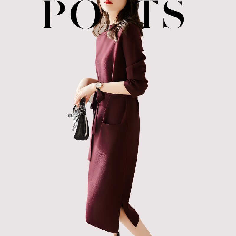 Lace-Up Commuter Knit Dress, Spring and Autumn, Burgundy, Women's Light Luxury, Socialite Style, Waist-Cinching, Elegant, Base Layer, Mid-Length Dress