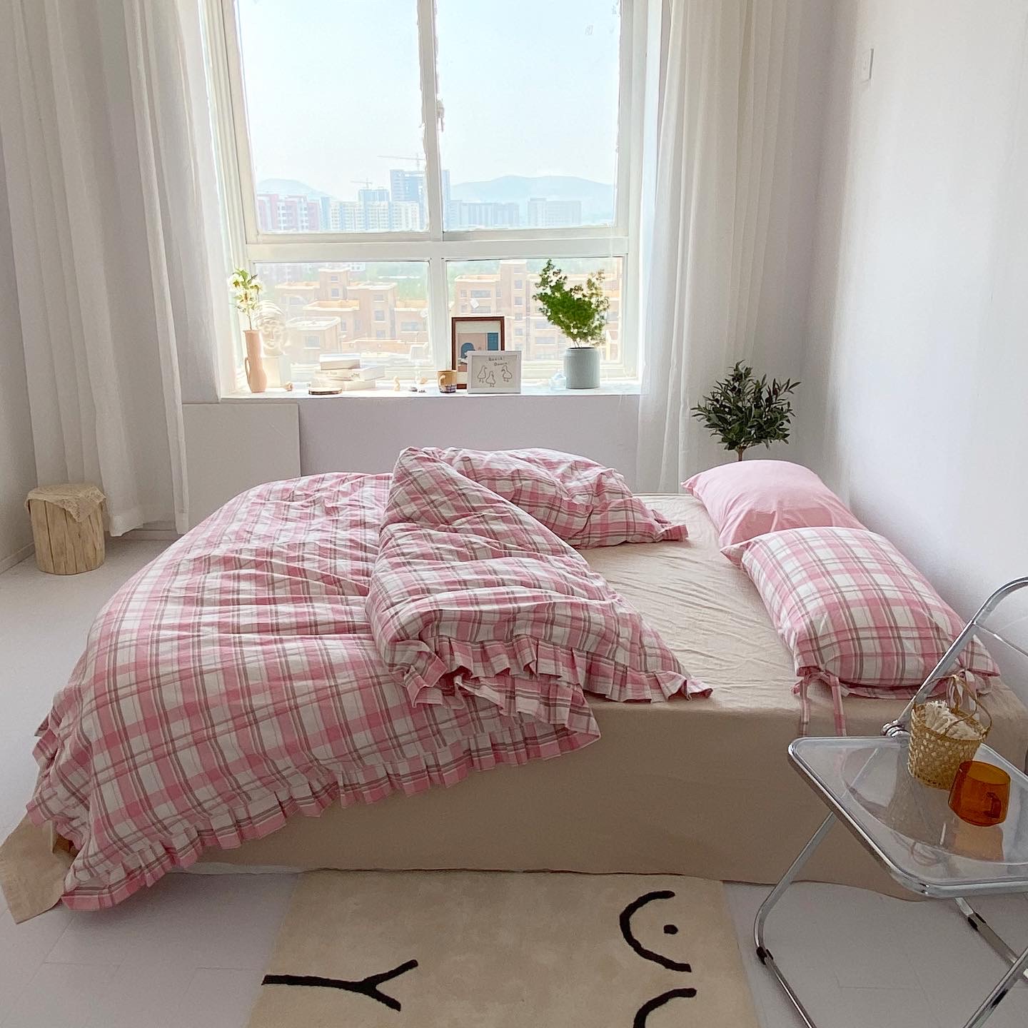 Like you are in love, sweet and cute Korean style Sub-color woven washed cotton bed sheet Three-four-piece mix and customized