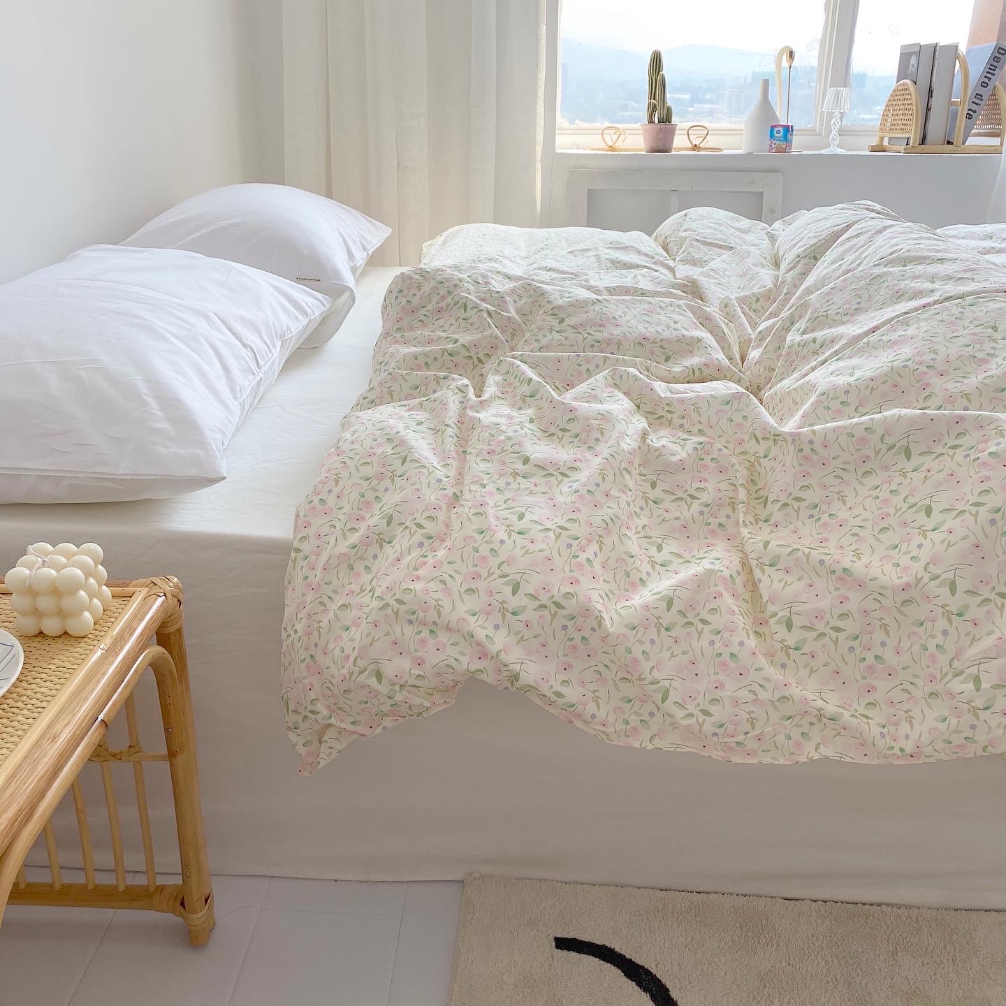Korea ins blogger cotton quilt cover single double quilt cover light color pink rose Green leaves fresh and clean