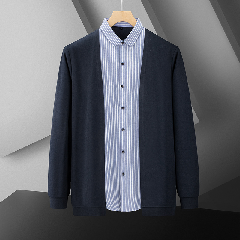 Plus-Size Knitted Cardigan for Men, Shirt Collar Sweater, Loose Fit, Extra Large Size, Patchwork Fake Two-Piece Sweater