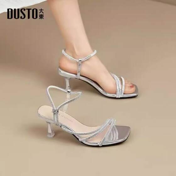 大东绑带凉鞋女鞋2024夏季新款优雅高跟细跟露趾水钻套脚24X1123