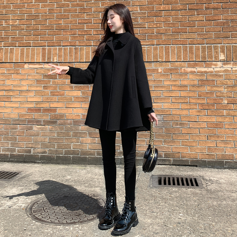 Double-Sided Wool Coat for Women, Petite Mid-Length Style, 2026 Korean Version, New Black Loose Woolen Coat