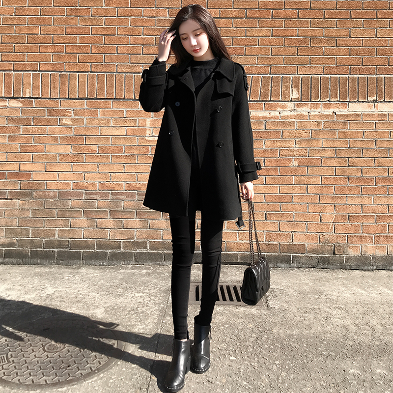 Double-Sided Wool Coat for Women, Mid-Length, 2025 Autumn and Winter New Style, Petite Black Woolen High-End Woolen Coat
