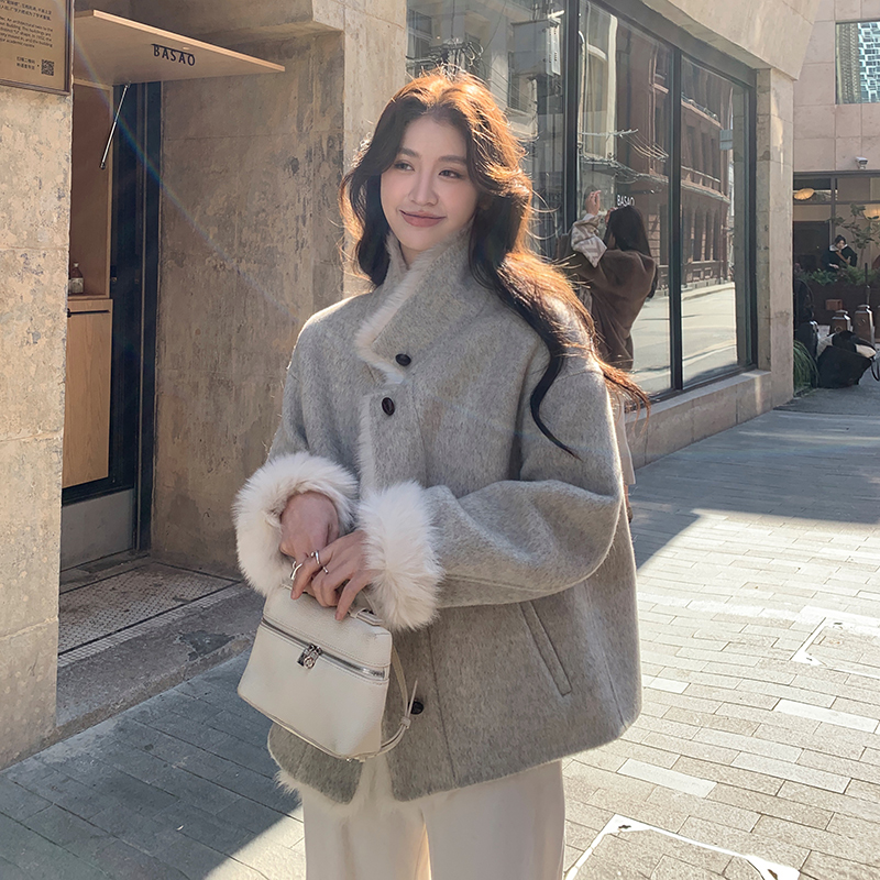 TOM WINI アルパカ 両面コート レディース ショート丈 スモールファーカラー 両面カシミアコート 韓国スタイル