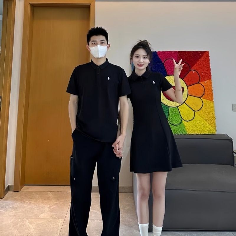 Couple Outfits for Spring and Summer: Japanese-Style Polo Shirts and Dresses with Embroidery, Trendy Street Style Short-Sleeve T-Shirt Dresses