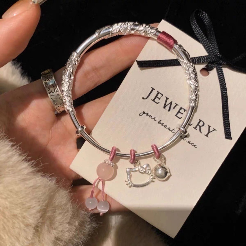 Pure Silver Bracelet 999.9 Pure Silver Blooming Flower Bracelet Hello Kitty Bracelet Solid Cute 520 Gift