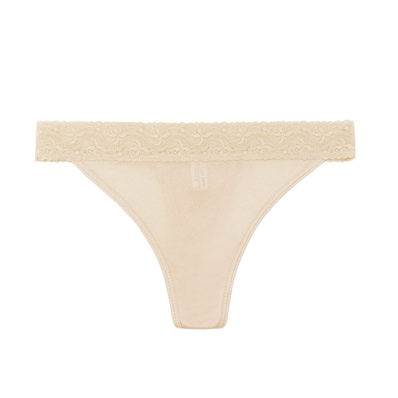 SUD Weiguangshi Collection T-back Zero Sensitivity Nude Full Mulberry Silk_ Seamless Lace Trim Silk Thong Panties