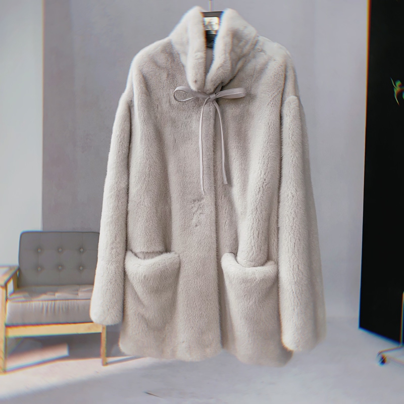 Whole Mink Fur Coat, Coffee Color, Drawstring, Butterfly Mink Fur Coat, Mid-Length Fur, 118 Length, 74