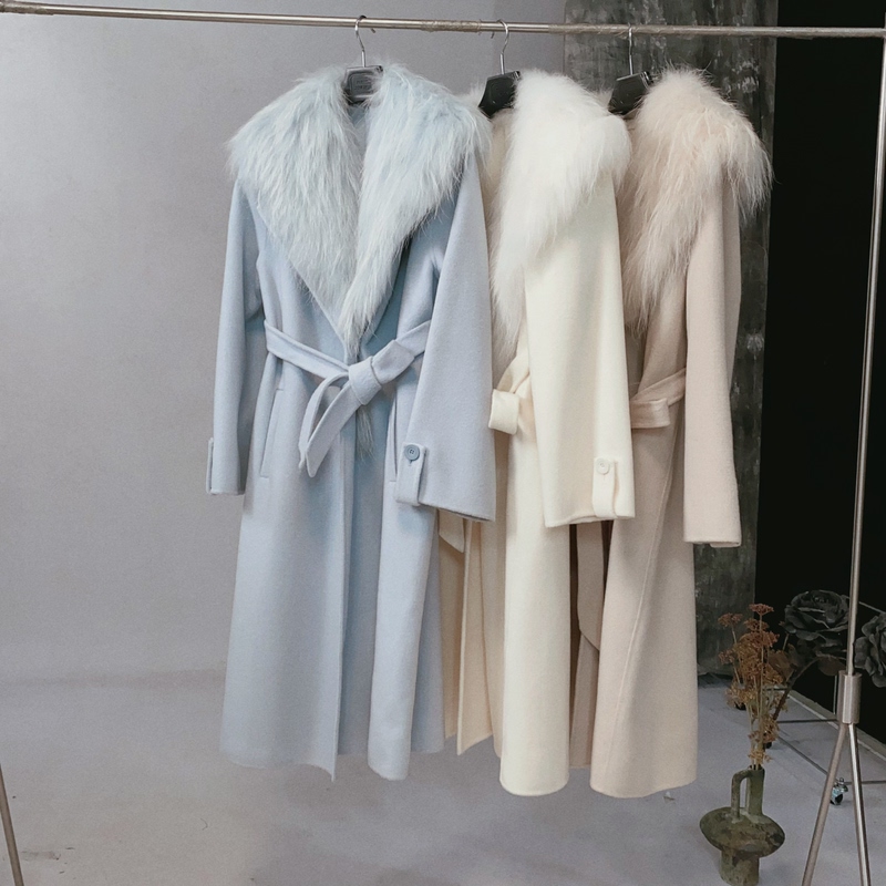 No Return "Irish First Snow" Oversized Raccoon Fur Collar Detachable 100% Wool Double-Sided Woolen Coat for Women, Length 108