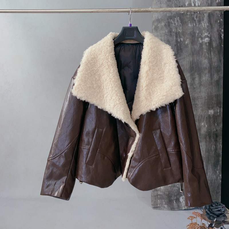 Oil-Waxed Sheepskin Large Lapel Coat, Sheep Wool Collar, White Goose down Lining, Leather down Jacket, Coffee Color, Length 56Xme