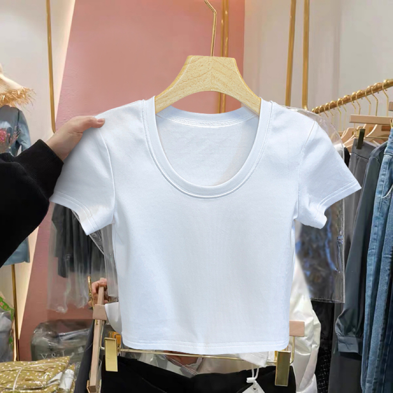 White T-Shirt for Women, Pure Cotton, Short Style, Short Sleeves, Crop Top, Tight-Fitting, High-Waisted, Slimming, Summer Inner Wear, Suitable for Commuting