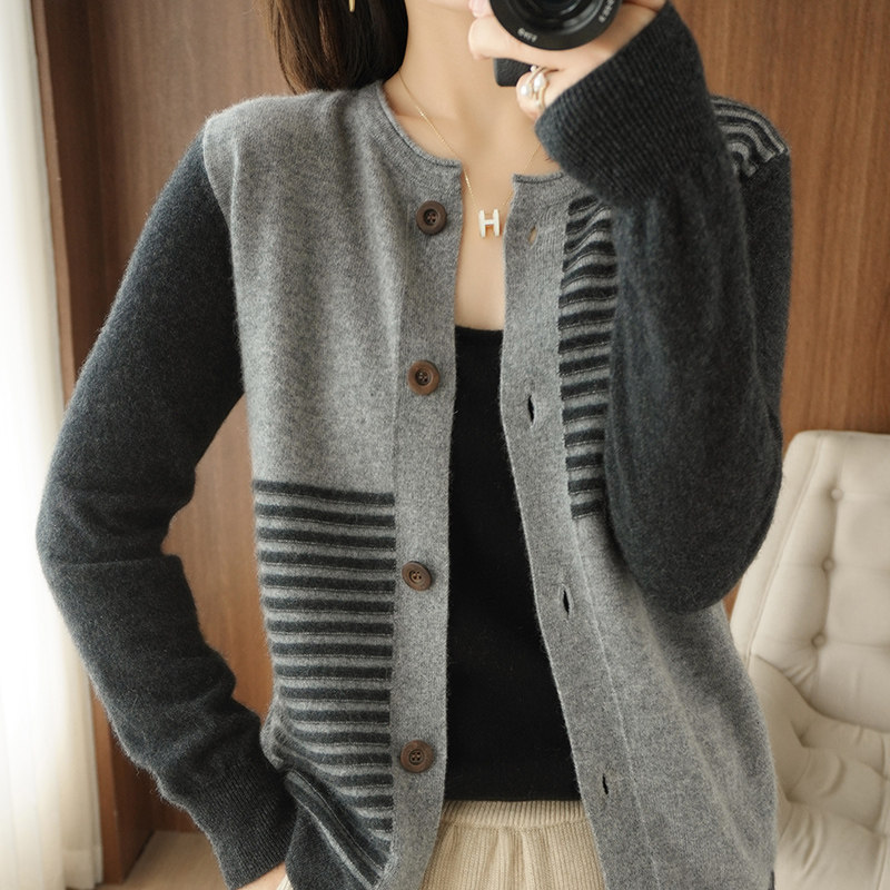 Colour-block striped wool-knit cardigan women's spring 2022 new crewneck cropped tops cashmere coat