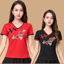 Spring Summer Square Dance Cotton Blouse Womens Embroidery T-shirt Folk Dance Classical Dance Retro V Collar Short Sleeve Blouse Dancer Dance Suit