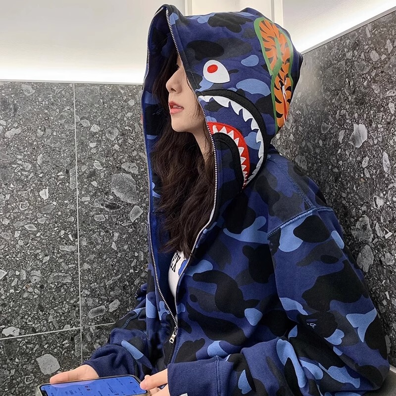 Plus-Size Fleece-Lined American Retro Shark Cardigan Jacket for Women, Spring and Autumn Zip-Up Hooded Sweatshirt, Autumn and Winter Top for Petite Women