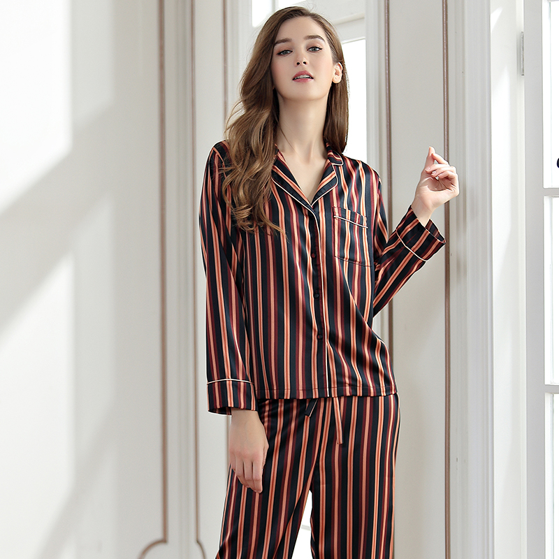 Bemmy girls spring and summer streaks long sleeves long pants two sets of sleepwear ice silk can be worn outside of two sets of home clothes sexy