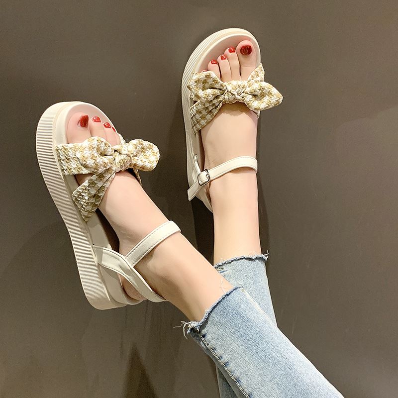 Japan 2021 Summer butterfly knot sandals women fairy wind flat-bottomed soft underfire temperamental Roman shoe tide
