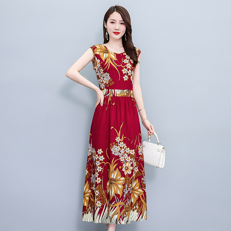 2026 New Sleeveless Pure Cotton Silk Dress Summer Mom Middle-Aged Vacation Sweet Beach Long Dress Vest Slimming