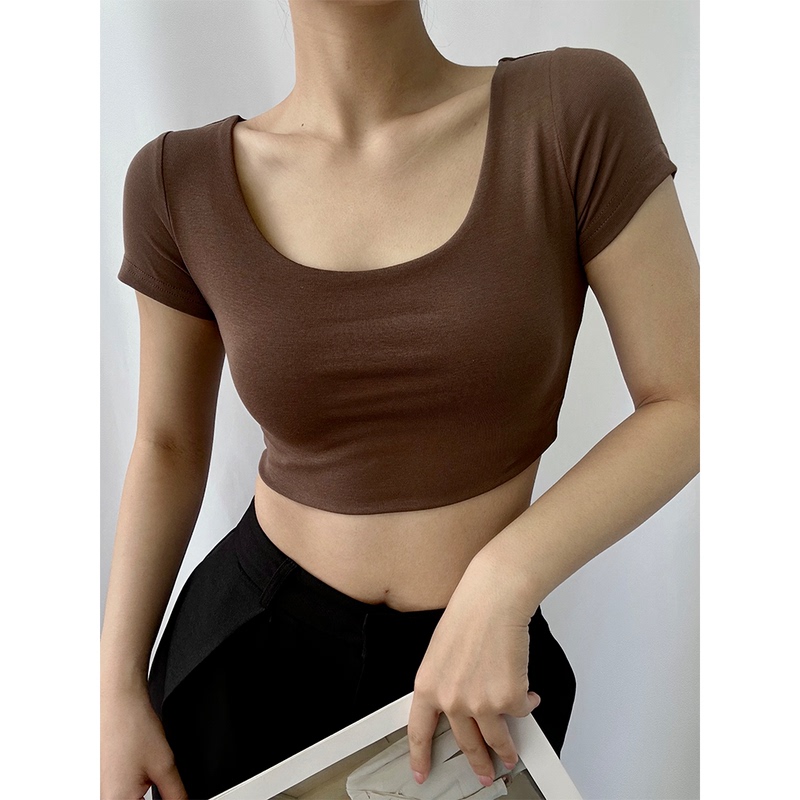 Hot Girl Sexy High-Waisted Crop Top Short-Sleeve T-Shirt for Women, Spring/Summer Chic Brown Square-Neck Slim-Fit Short Top