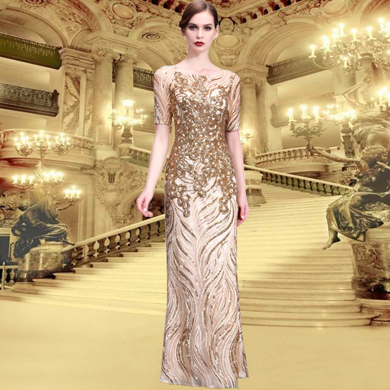 Usd 236 96 Gold Dinner Evening Dress Round Neck Slim Long Gold Dinner Evening Dress Round Neck Slim Long Paragraph Large Size Wedding Female