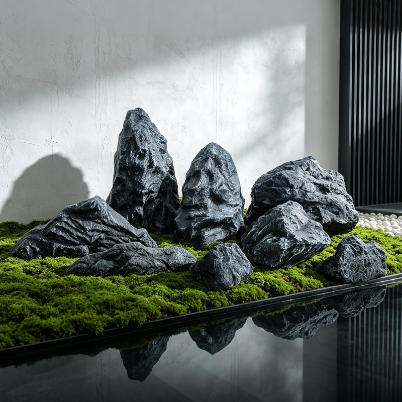 Simulated Stone Landscaping, Fake Stone, Hollow Black Mountain Stone, Window Display, Indoor Green Plant Landscaping, Soft Decoration and Display
