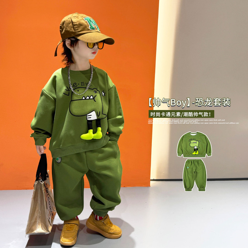 Children's Spring Cartoon Dinosaur Sweatshirt Set 2026 New Style Boys' Fashionable and Stylish Baby Boy Dinosaur Two-Piece Set