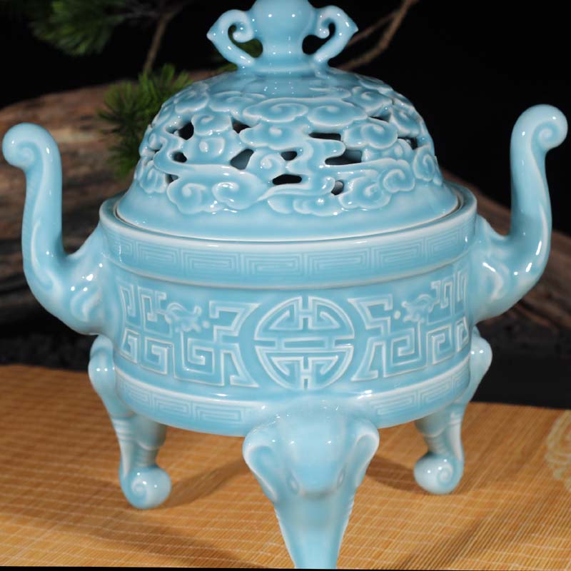 Jingdezhen delicate celadon sky blue porcelain censer triangle elephant nose porcelain present high furnace by hand