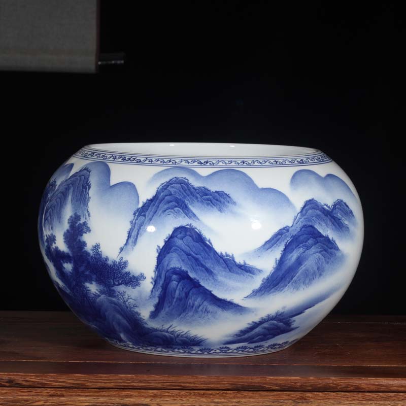 Blue and white writing brush washer aquarium water shallow high - grade ceramic painting outside in a double - sided painting landscape tong qu furnishing articles